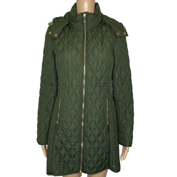 Women 4 Joules Chatham Quilted Green Zip Puffer Long Hooded Coat Evergold Puffer - Picture 1 of 6